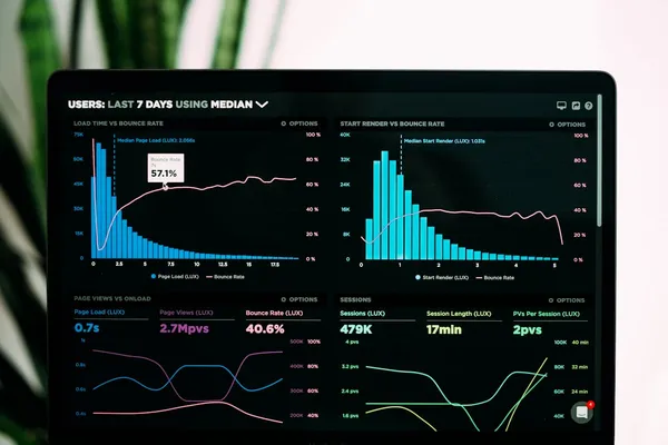 Persona analizando base de datos y gráficas en pantalla de computadora de oficina